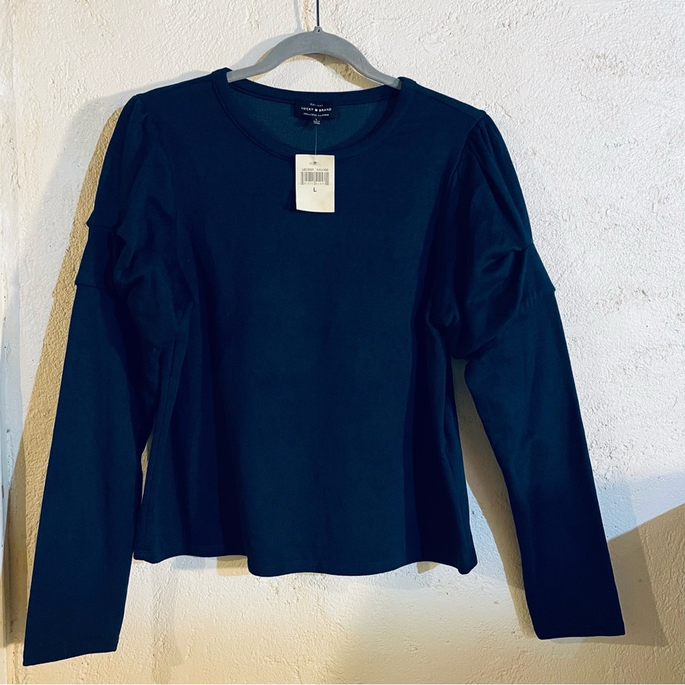 Lucky Brand Sleeve Cropped Sweatshirt (Large, Navy)